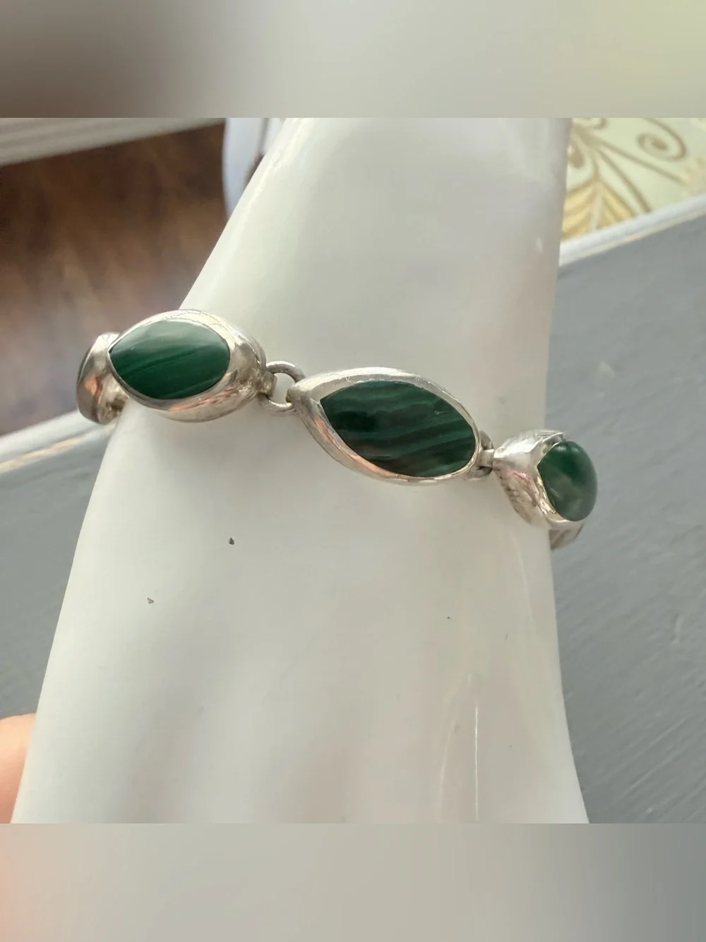 Taxco Mexico Malachite Stone Sterling Silver Chunky Bracelet